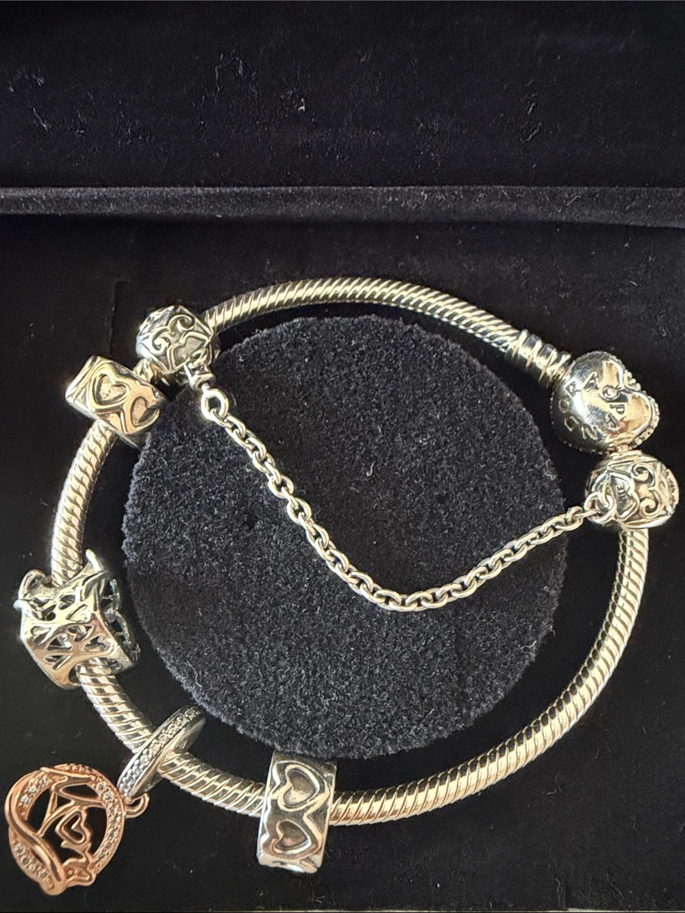 Pandora Silver Heart Charm Bracelet with Rose Gold Accent